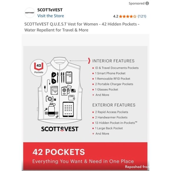 Scottevest Q.U.E.S.T. Vest Women M1 (XXL) Black Water-Repellent Travel Vest W/ 4 - Picture 5 of 13
